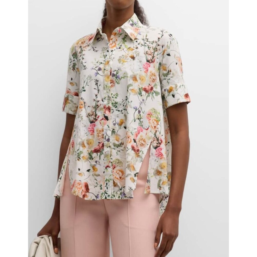 Adam Lippes Floral Print Poplin Trapeze Shirt White Size 2
